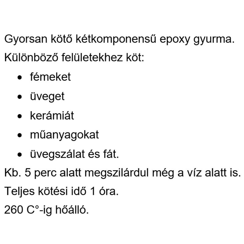 RAGASZTÓ EPOXY GYURMA GYORSAN KÖTŐ,VÍZÁLLÓ 50GR PLASTELIT RAGASZTÁSTECHNIKA