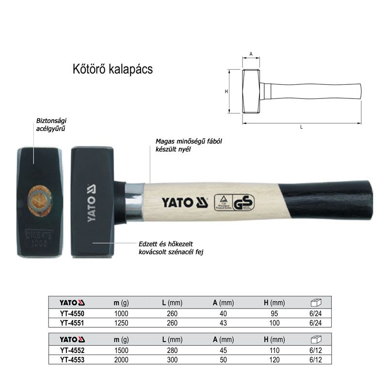 YATO 4550 KŐTÖRŐ KALAPÁCS-RÁVERŐ 1.00 KG FA NYÉLLEL LAPOS-LAPOS 