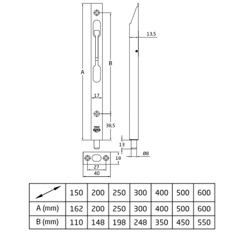 AMIG 401/5856 - MHA 600 TOLÓZÁR ÁTVETŐS 250mm INOX  AJTÓVASALAT