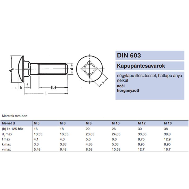 KAPUPÁNTCSAVAR M6*30 DIN 603 4.6 HG.  METRIKUS CSAVAROK