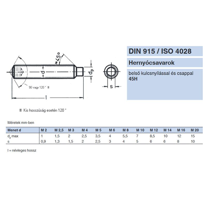 HERNYÓCSAVAR BK M5*16 DIN 915-45H NAT. CSAPOS  METRIKUS CSAVAROK