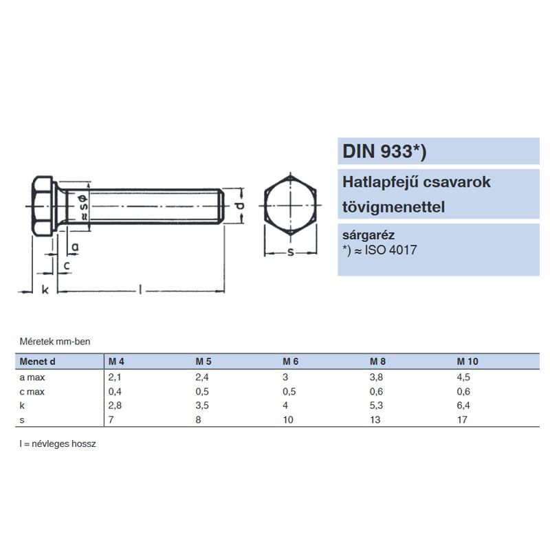 HLF CSAVAR M8*40 DIN 933 SÁRGARÉZ TM IMPORT METRIKUS SÁRGARÉZ CSAVAROK